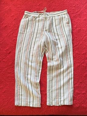 Liz Claiborne Cream Linen-Blend Striped Pants with Pink & Green Accents